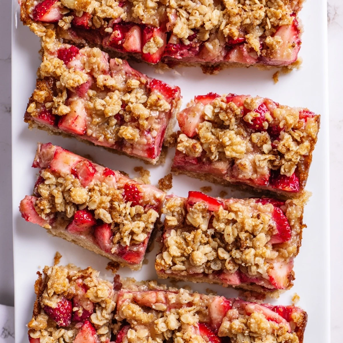 Fresh baked strawberry rhubarb crumble bars featuring a crumbly texture and sweet tart layers