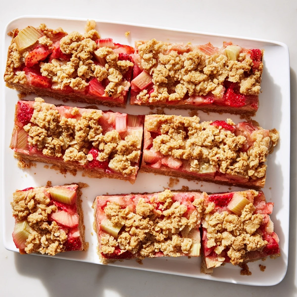 Square strawberry rhubarb crumble bars with red juicy fruit peeking through golden brown crumble