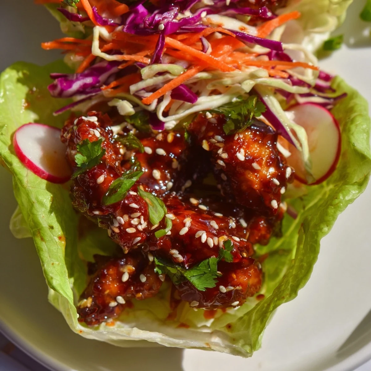Golden Korean chicken nestled in crisp lettuce with colorful crunchy slaw topping