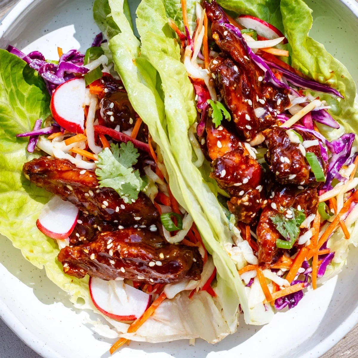 Fresh lettuce cups loaded with caramelized Korean chicken and tangy purple cabbage slaw