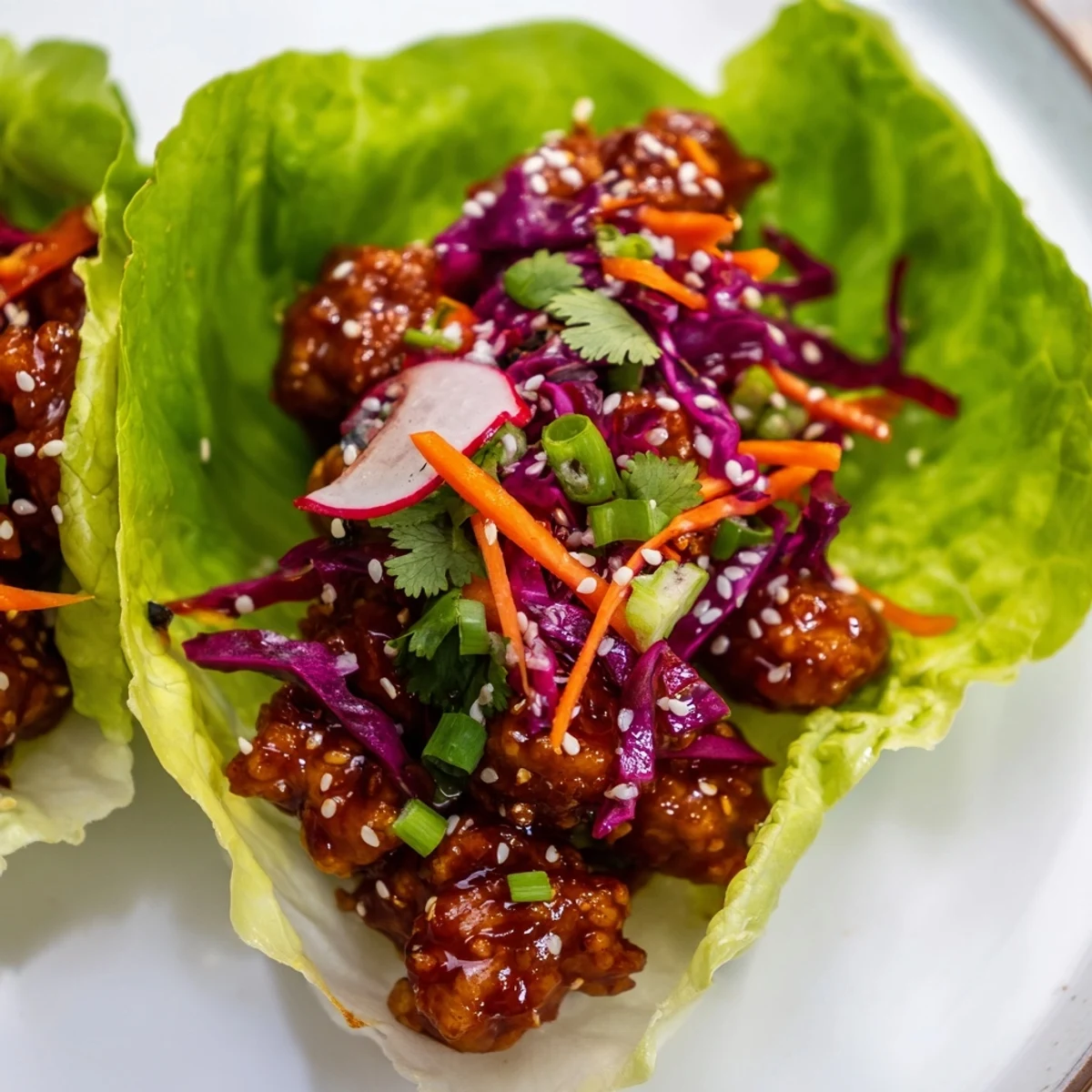 Spicy gochujang marinated chicken wrapped in butter lettuce with vibrant vegetable slaw
