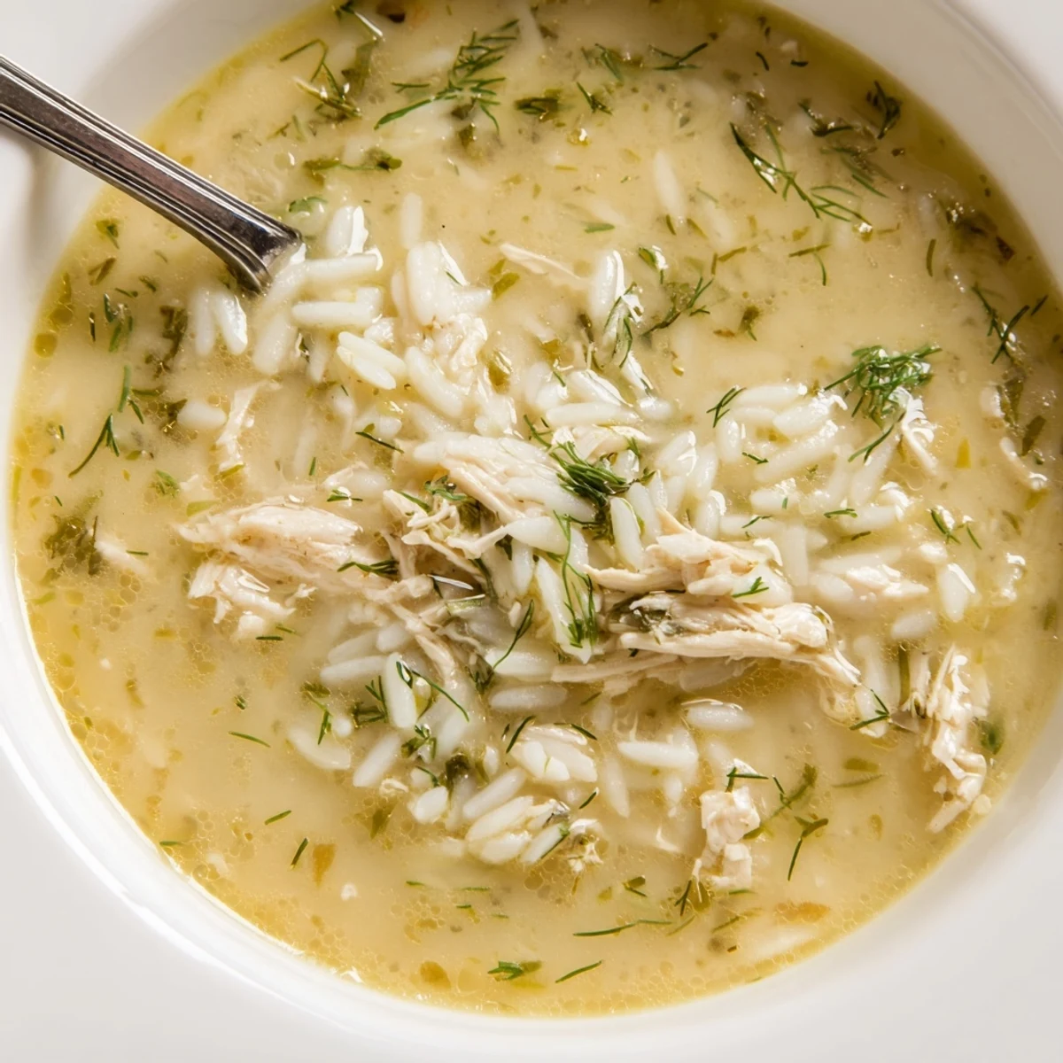 Steaming bowl of traditional Avgolemono Greek lemon chicken soup garnished with fresh dill and cracked black pepper