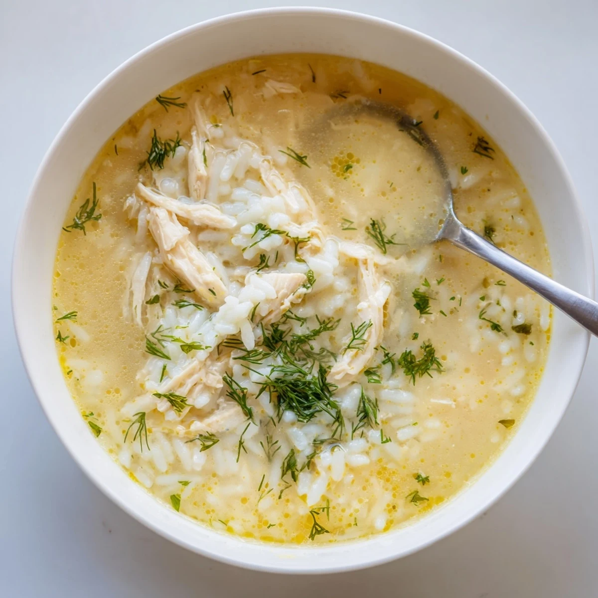 Golden Greek lemon chicken soup with shredded chicken and rice swimming in a silky lemon-egg broth