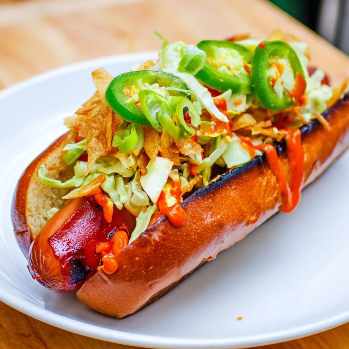 Grilled spicy firecracker hot dogs topped with crunchy cabbage, jalapeño slices, and crispy fried onions in toasted buns