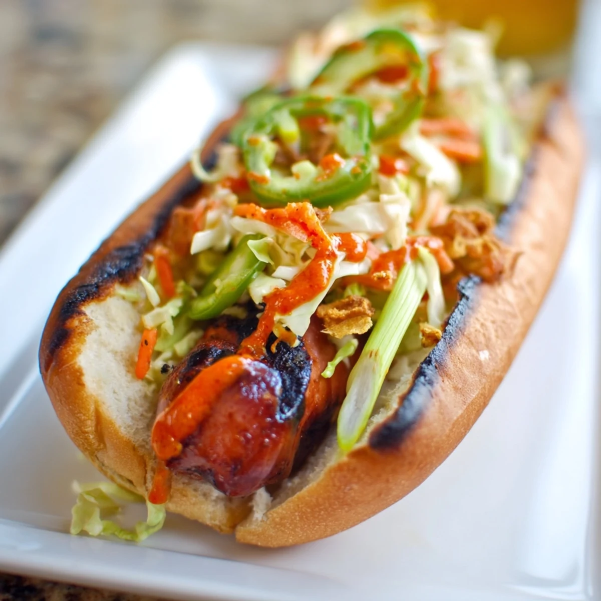 Spicy firecracker hot dogs drizzled with zesty Sriracha mayonnaise sauce and piled high with colorful fresh toppings