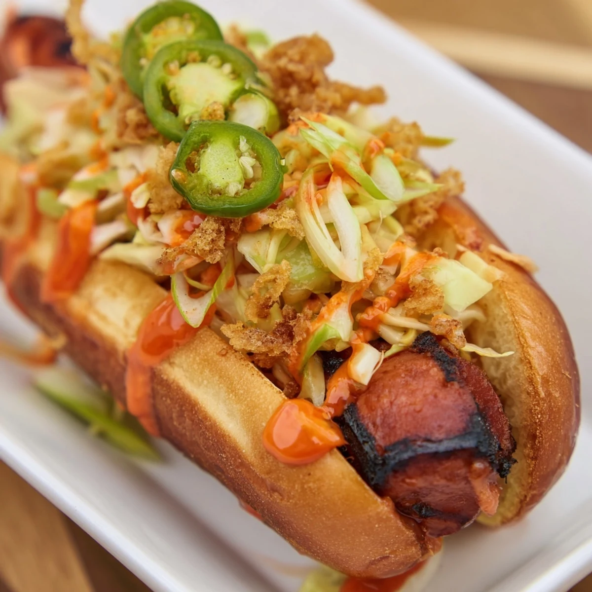Char-grilled firecracker hot dogs loaded with tangy coleslaw, sliced jalapeños, and green onions for a fiery flavor burst
