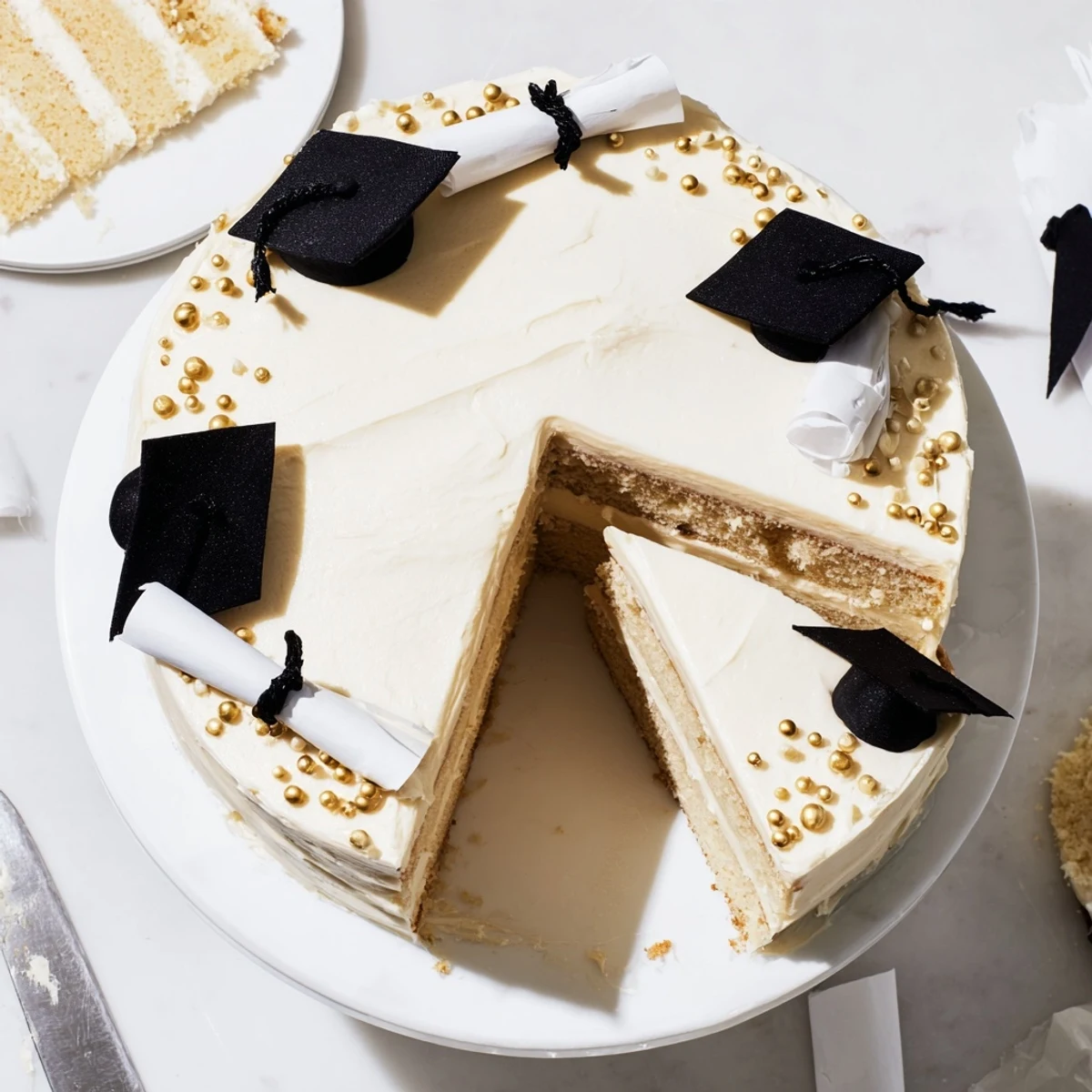 Tall graduation cake with vanilla layers and creamy buttercream topped with fondant caps