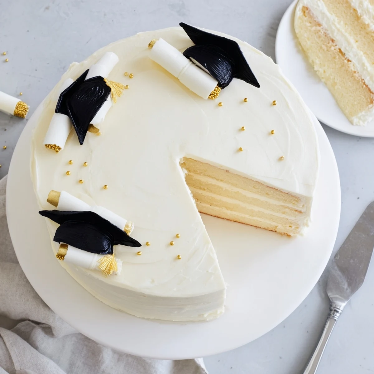 Triple layer graduation cake featuring smooth buttercream frosting and festive graduation cap decorations
