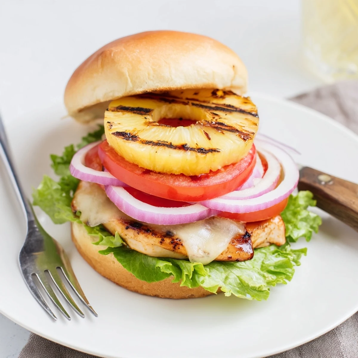 Tropical grilled Hawaiian chicken sandwich stacked with teriyaki glazed chicken, fresh vegetables, and sweet charred pineapple