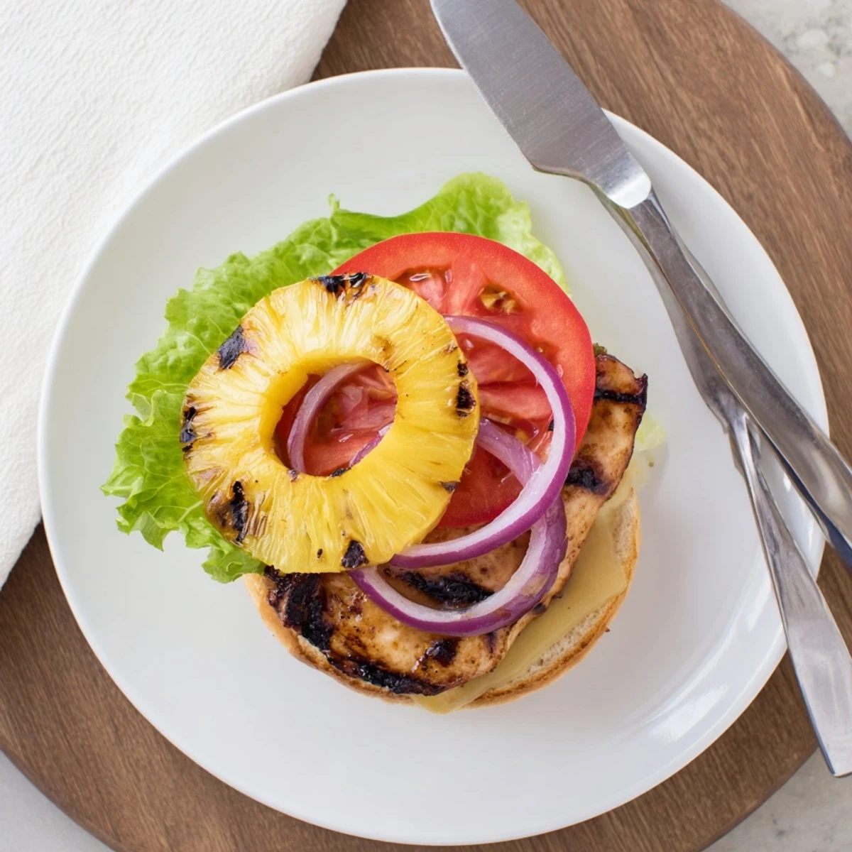 Juicy grilled chicken breast topped with melted Swiss cheese and grilled pineapple rings on a toasted bun