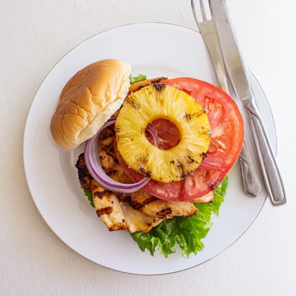 Savory chicken sandwich featuring grilled teriyaki chicken, melted provolone, and caramelized pineapple on a buttery toasted bun