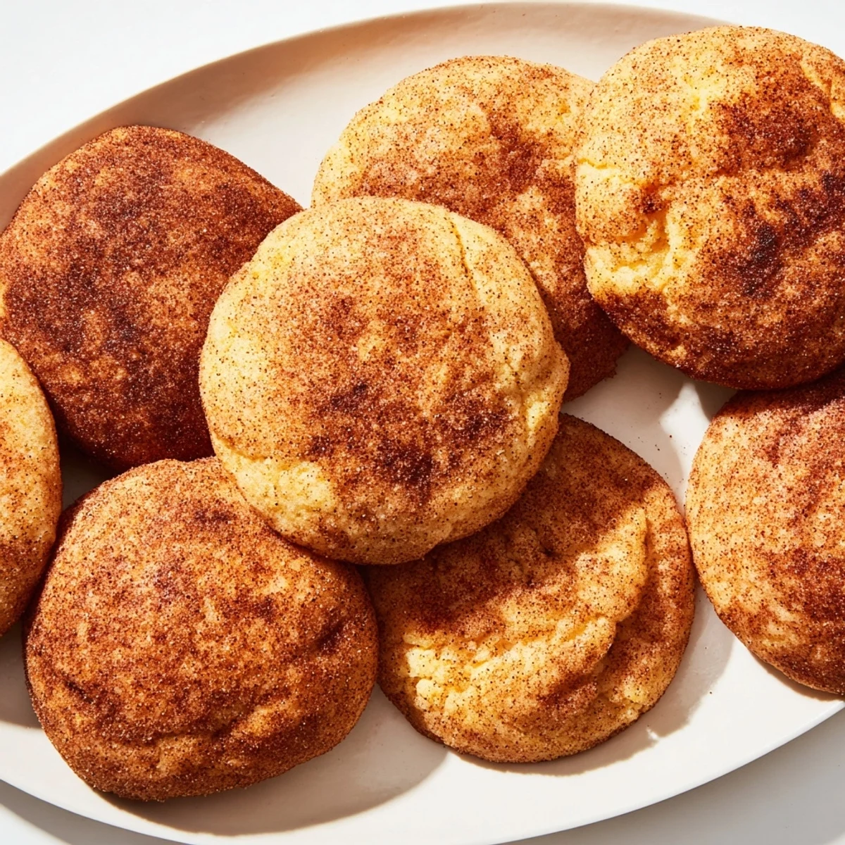 Soft chewy snickerdoodle recipe with cracked tops dusted generously with cinnamon sugar coating