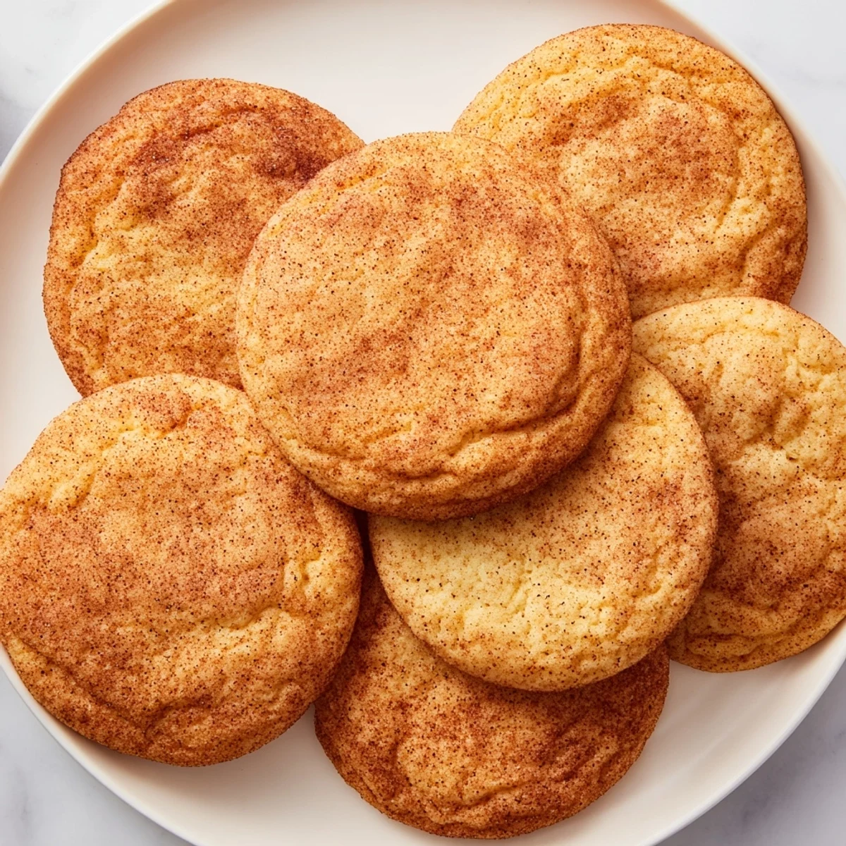 Freshly baked snickerdoodle cookies stacked on a wooden board with visible cinnamon sugar coating