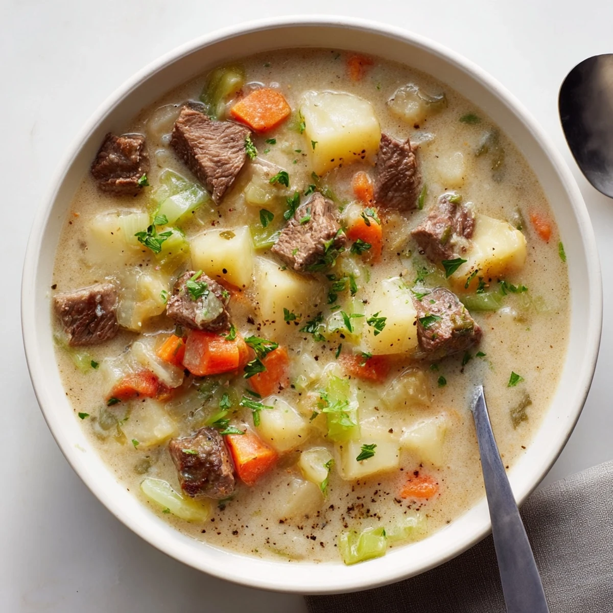 Hearty creamy smoky beef and potato soup with tender beef cubes and diced vegetables