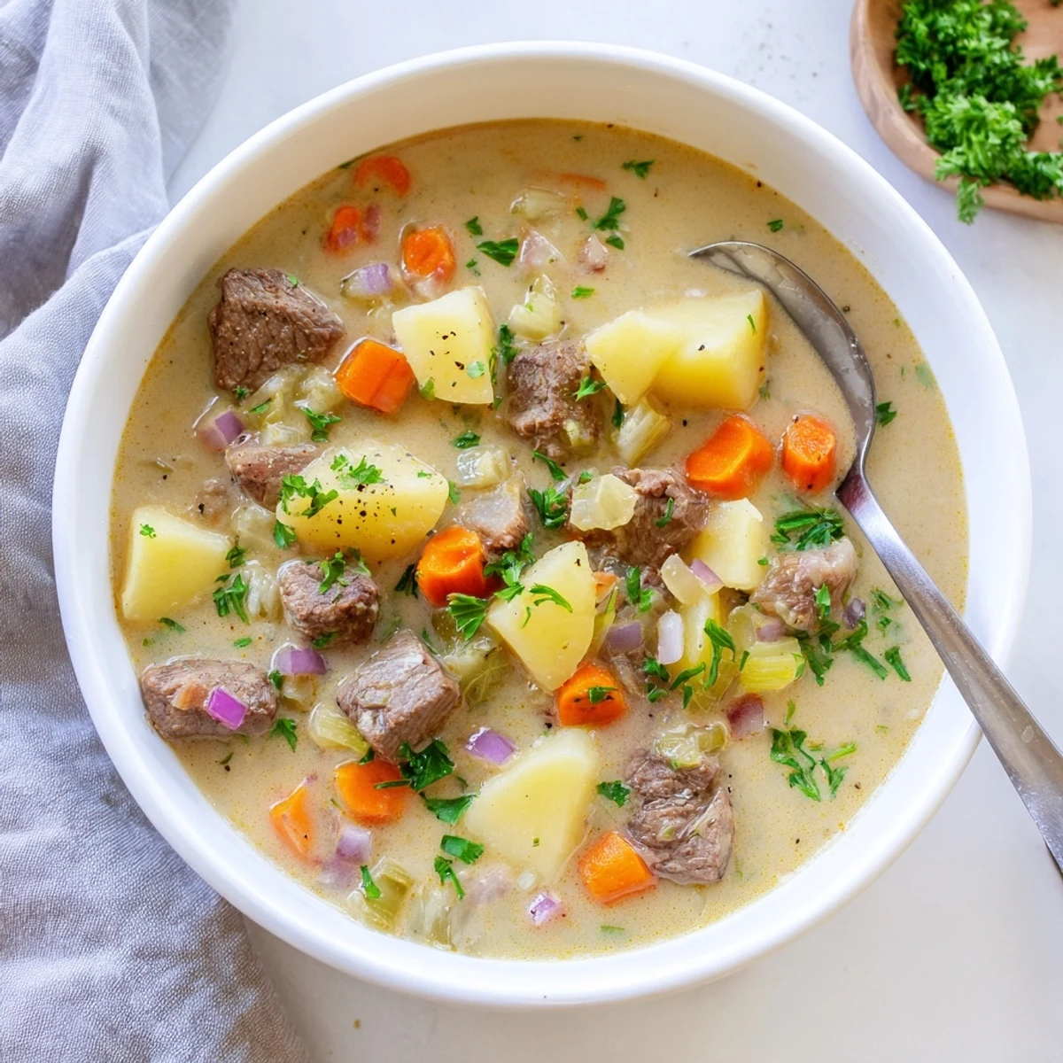 Steaming bowl of creamy smoky beef and potato soup garnished with fresh parsley