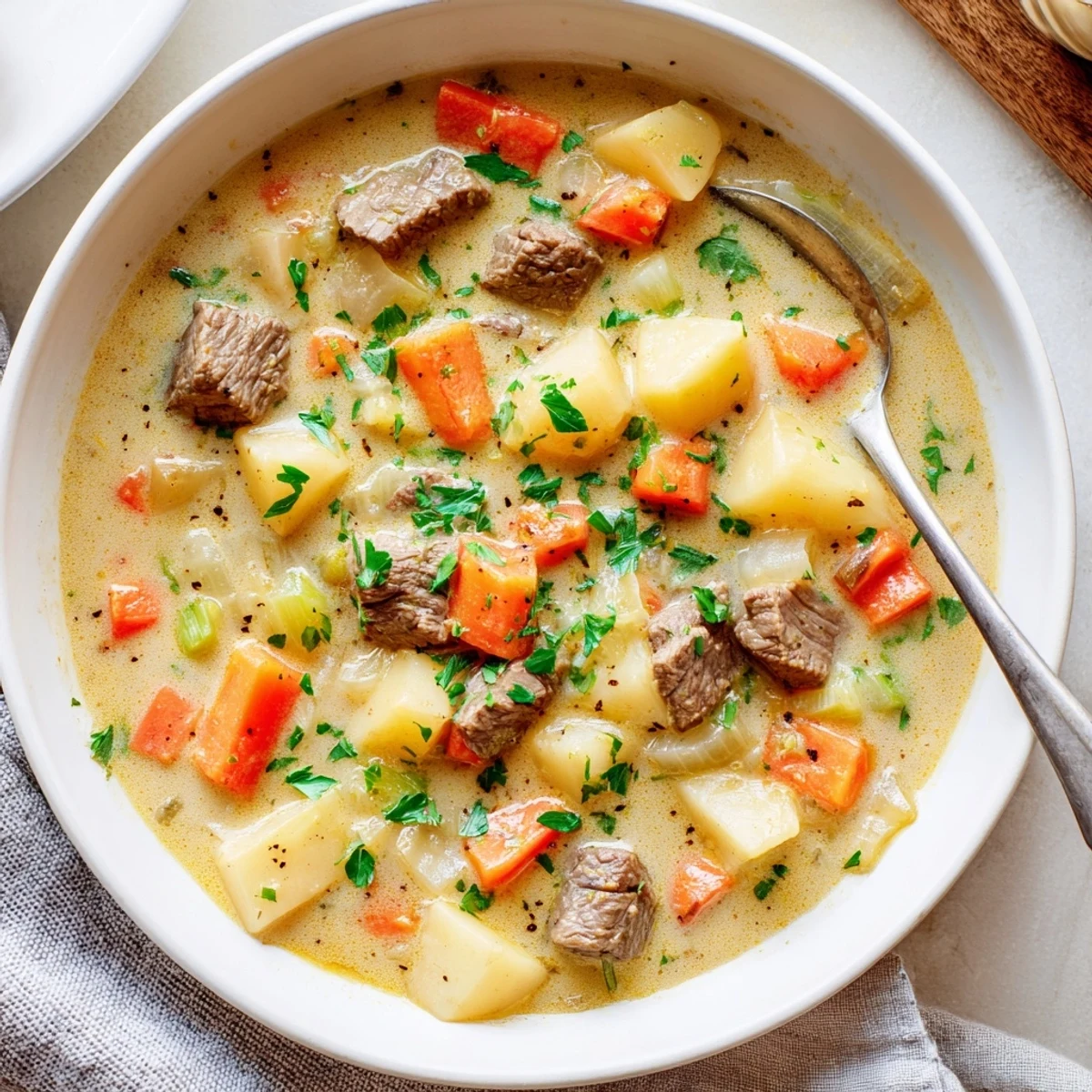 Rich creamy smoky beef and potato soup served in rustic bowl with bacon topping