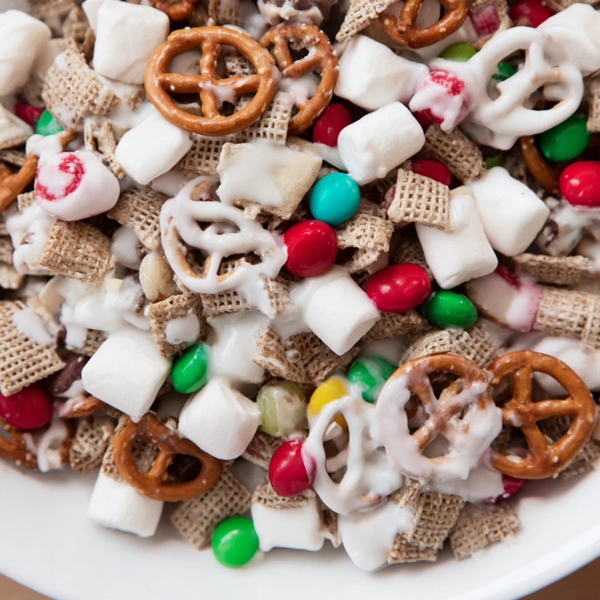 Festive Reindeer Food sweet snack mix with white chocolate coated cereal and holiday candies on a rustic wooden board