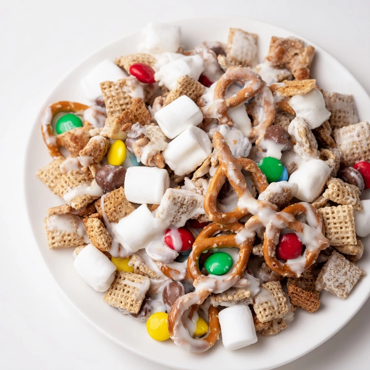 Colorful Christmas Reindeer Food snack mix featuring crunchy pretzels, marshmallows, and red green candies in a white bowl