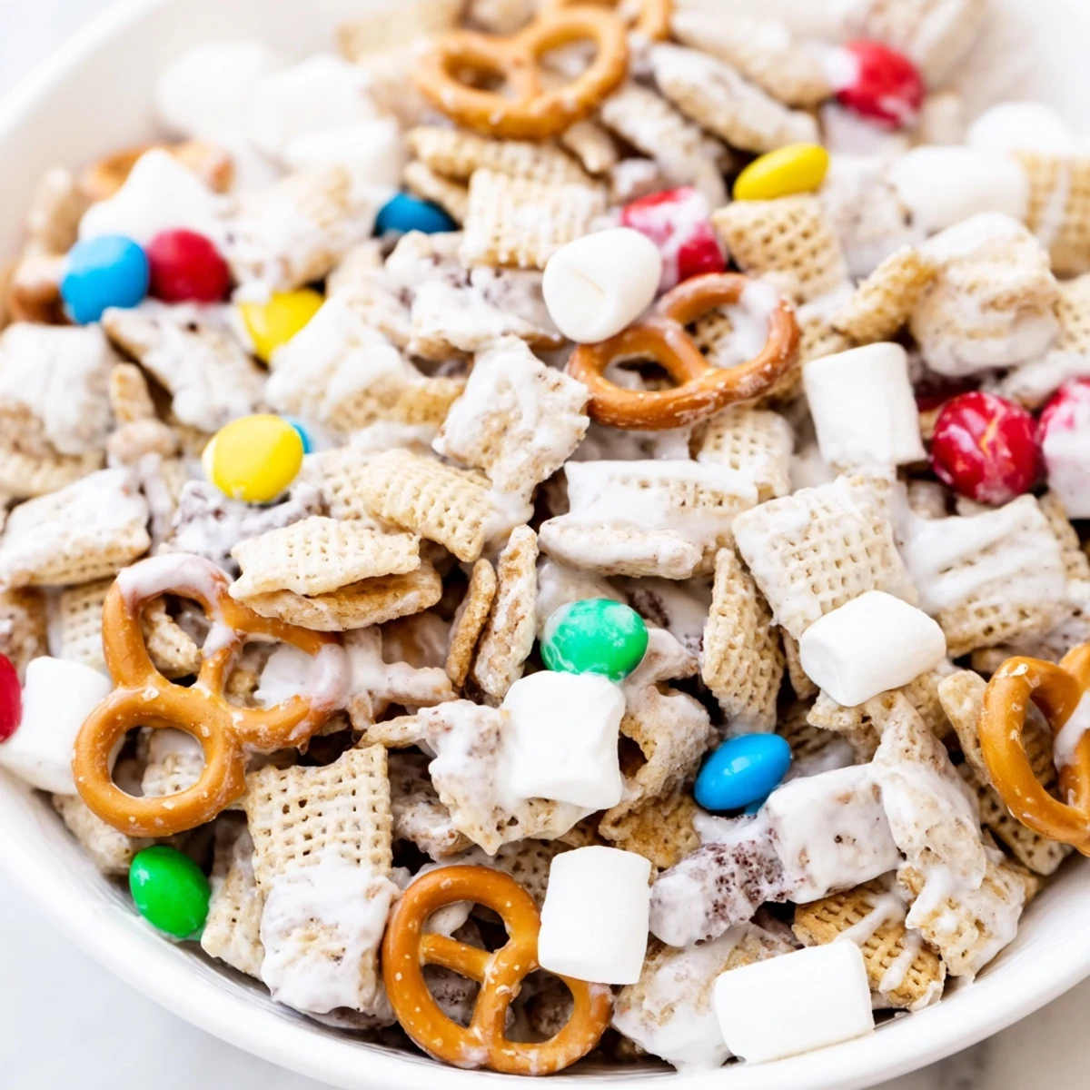Homemade Reindeer Food holiday treat with melted white chocolate drizzle over cereal, pretzels, and colorful chocolate candies on parchment paper
