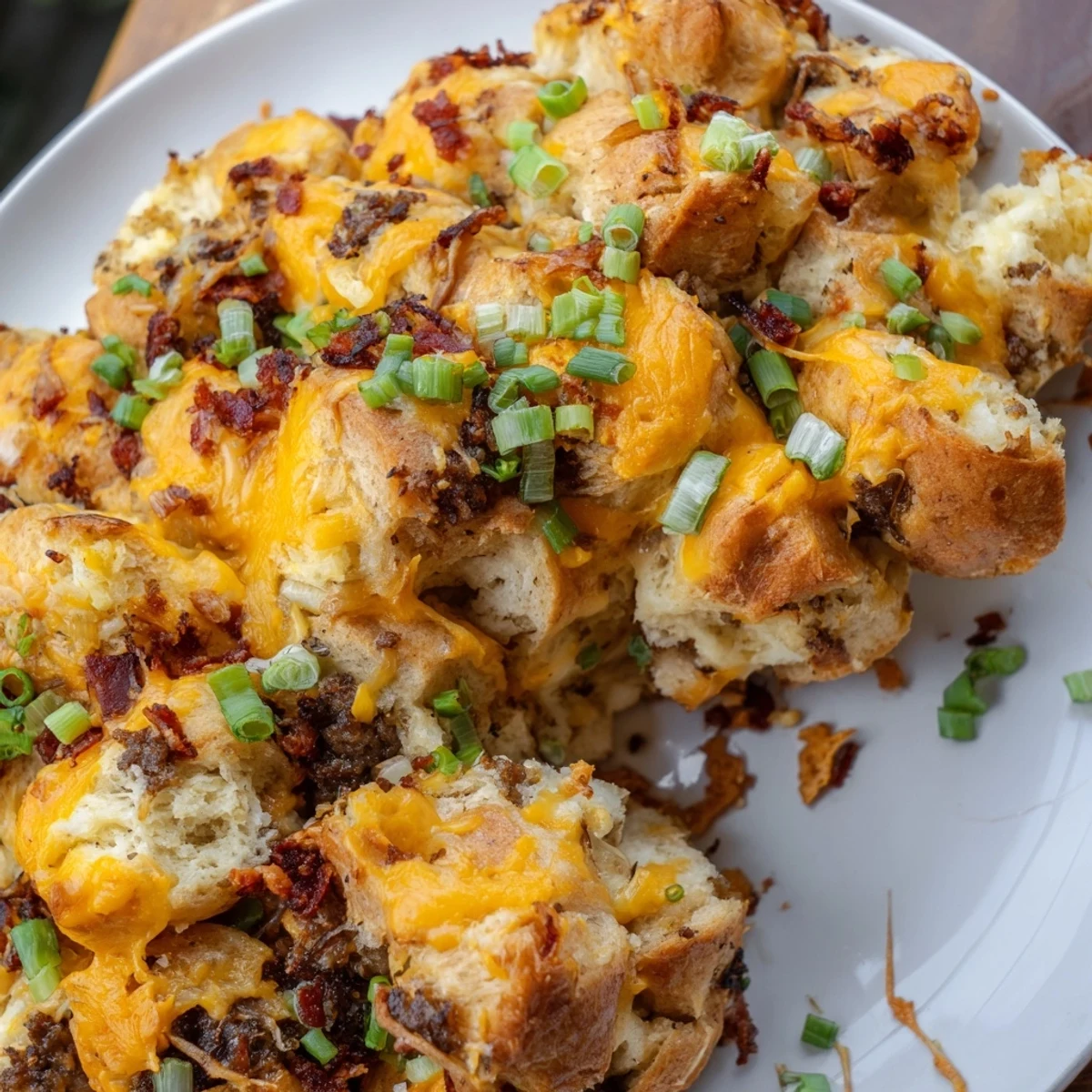 Golden brown cheesy beef bacon ranch monkey bread with melted cheddar and savory ground beef chunks