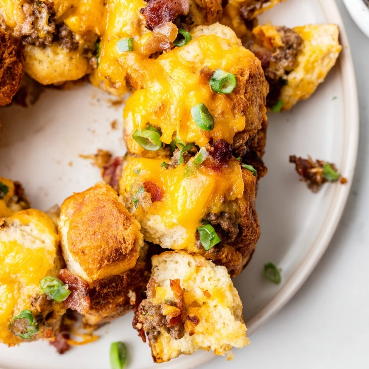 Savory monkey bread loaded with seasoned beef ranch flavor and melted cheese in a bundt pan shape