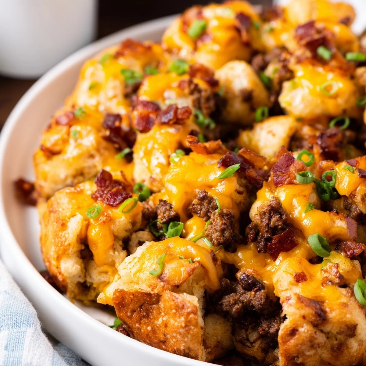 Pull-apart cheesy beef bacon ranch monkey bread served warm with crispy bacon bits and fresh herbs