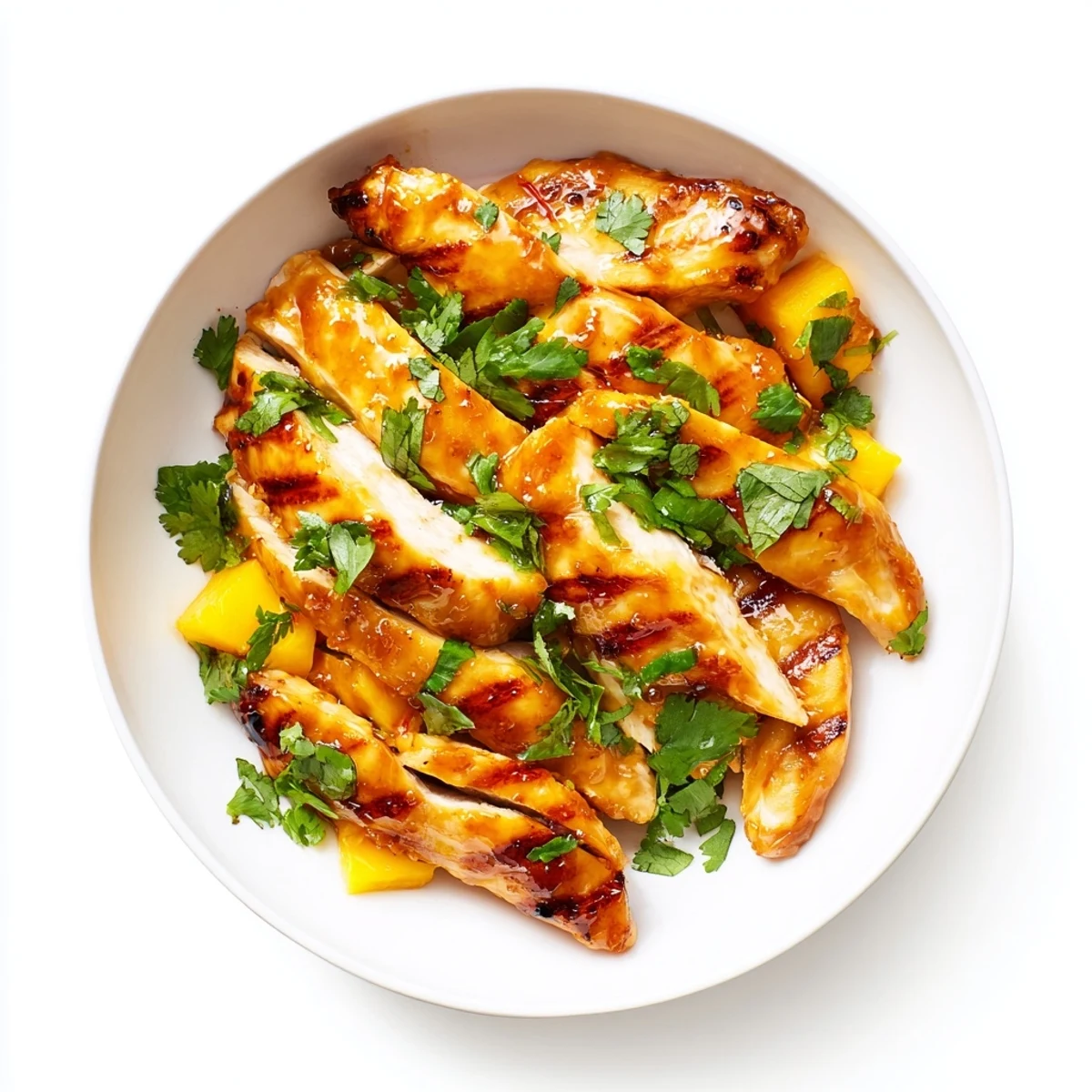 Golden grilled chicken breasts glazed with sweet mango pineapple marinade and fresh cilantro garnish