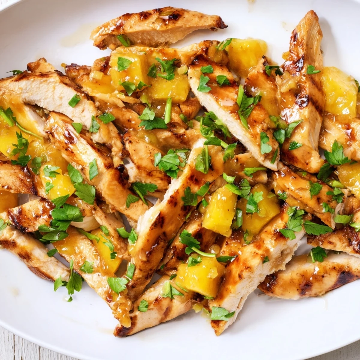Tropical grilled mango pineapple chicken recipe served with lime wedges and juicy fruit chunks