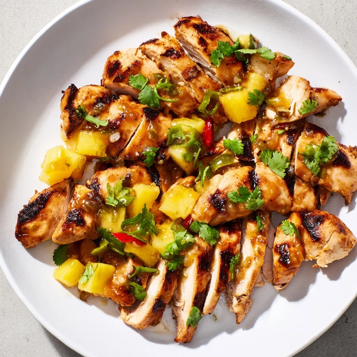 Charred chicken basted with tangy mango pineapple sauce on a summer grill platter