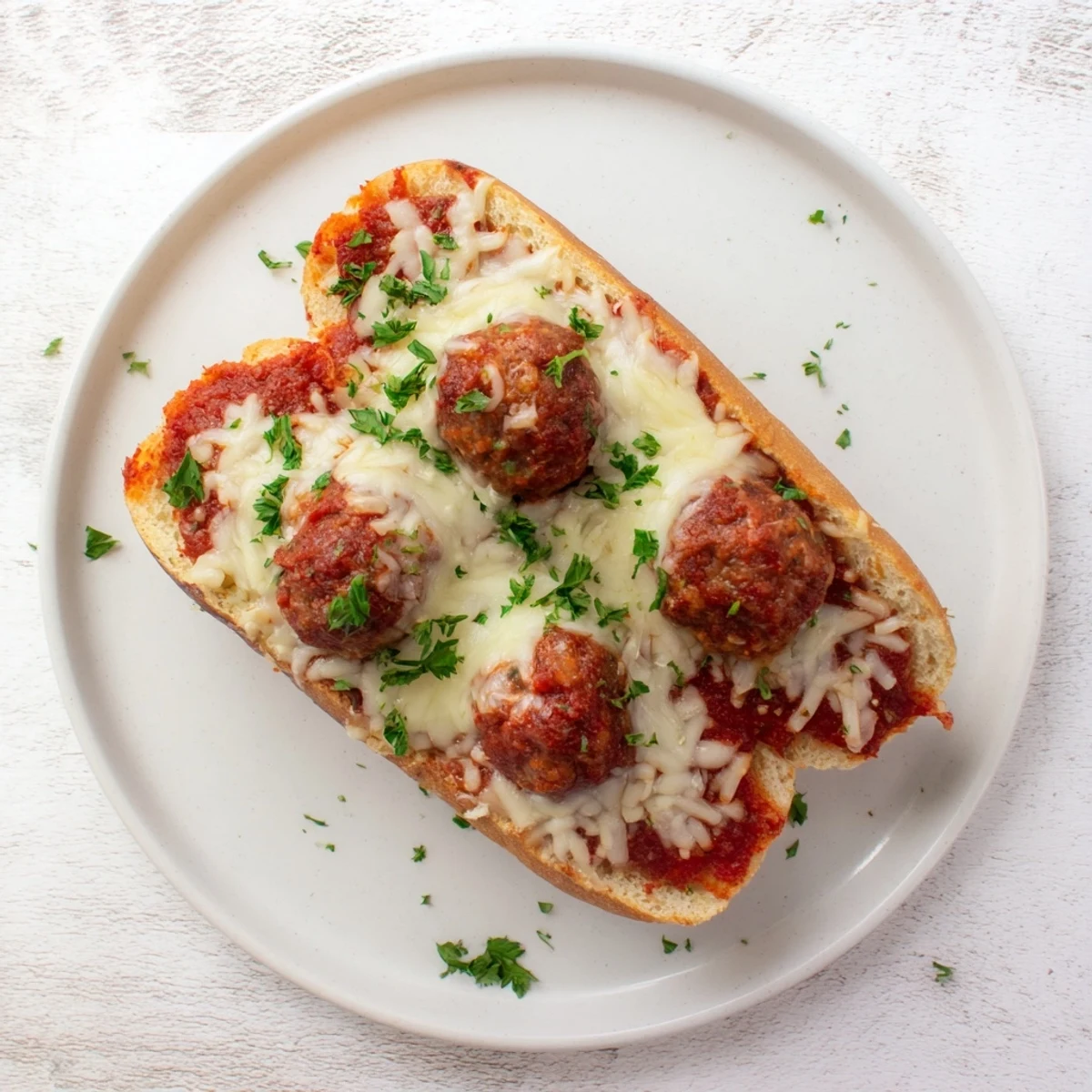 Golden brown meatballs nestled in marinara sauce topped with bubbling melted mozzarella on toasted garlic sub rolls