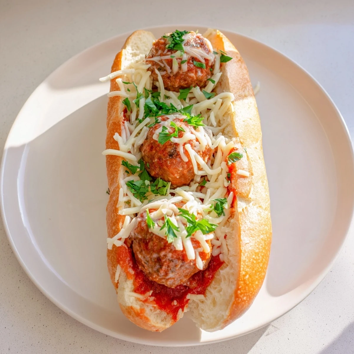 Crispy toasted roll overflowing with savory meatballs and melted cheese garnished with fresh green basil