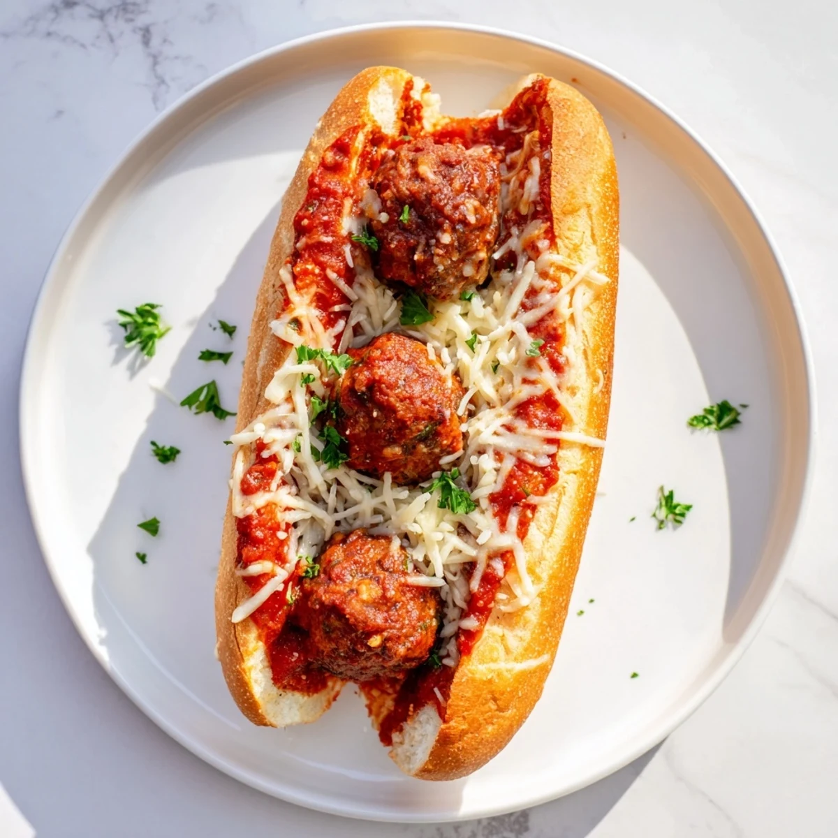 Warm sub sandwich loaded with tender beef meatballs smothered in rich red sauce and gooey cheese