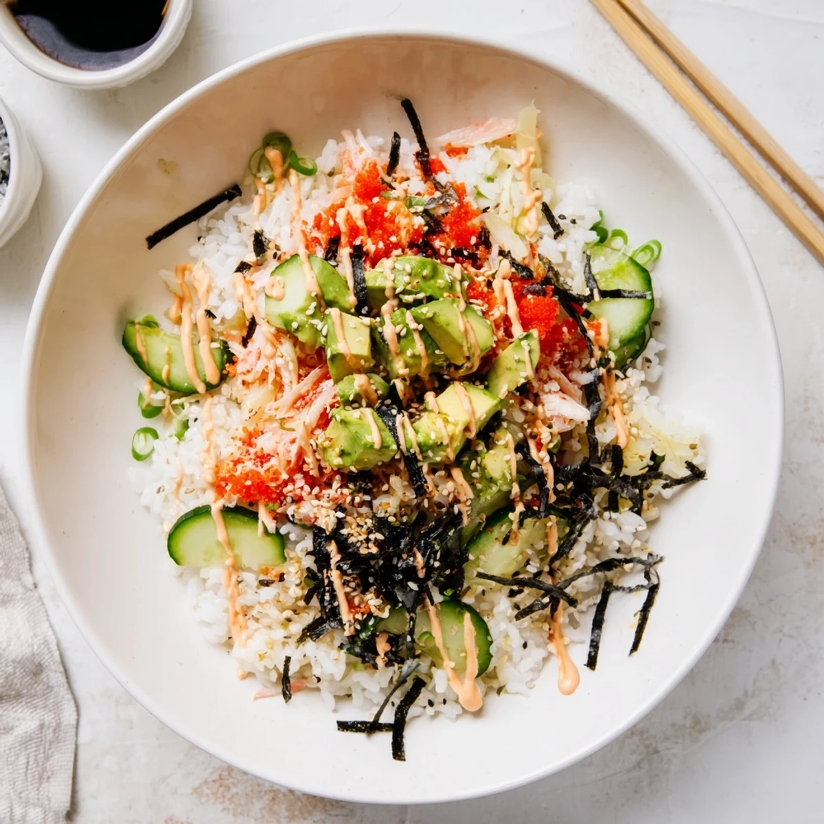 Deconstructed California Roll sushi bowl featuring fluffy rice, fresh crab, and crisp vegetables