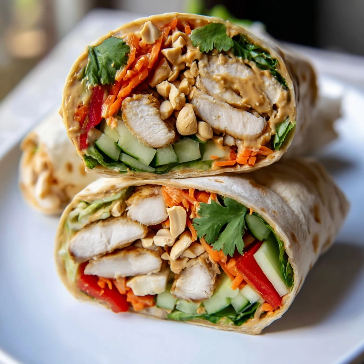 Golden sliced chicken wrapped in flour tortillas with crunchy vegetables and creamy peanut sauce drizzle