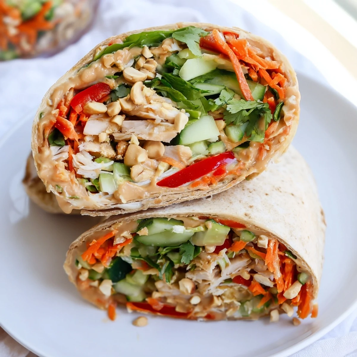 Fresh Thai peanut chicken wraps halved diagonally showcasing colorful peppers carrots and crisp lettuce layers