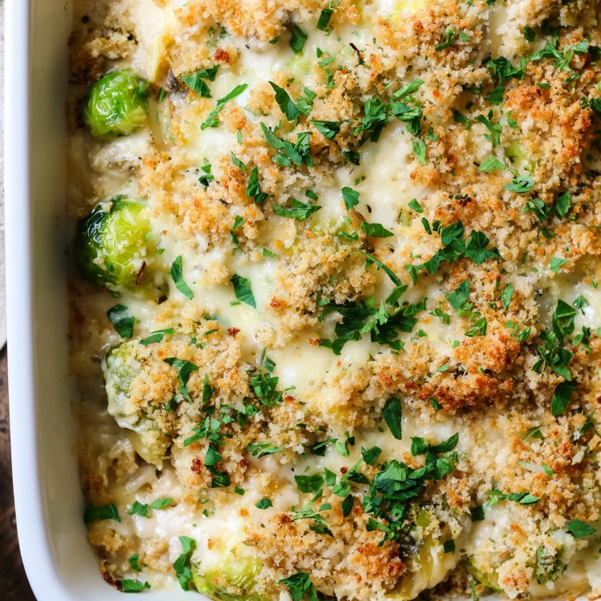 Golden brown creamy Parmesan Brussels sprouts casserole with bubbly cheese topping and fresh parsley garnish