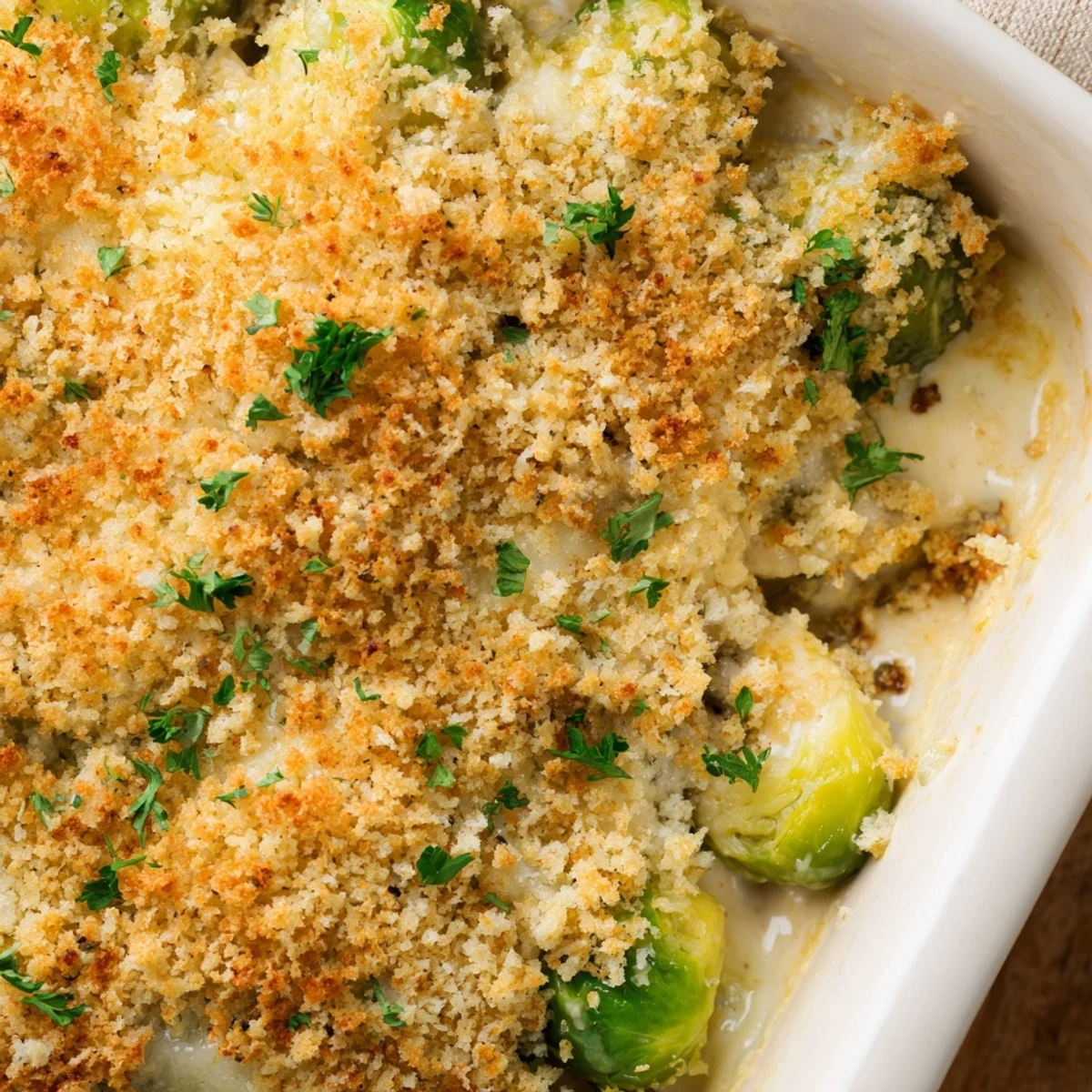 Creamy Parmesan Brussels sprouts casserole fresh from the oven featuring golden cheese and tender halved sprouts