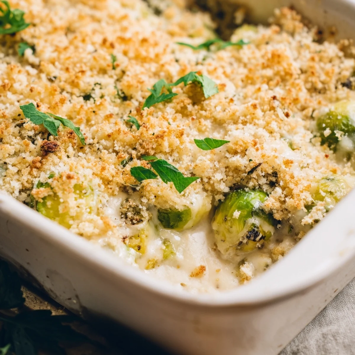 Baked Brussels sprouts swimming in rich Parmesan cream sauce with melted mozzarella and crispy breadcrumb topping