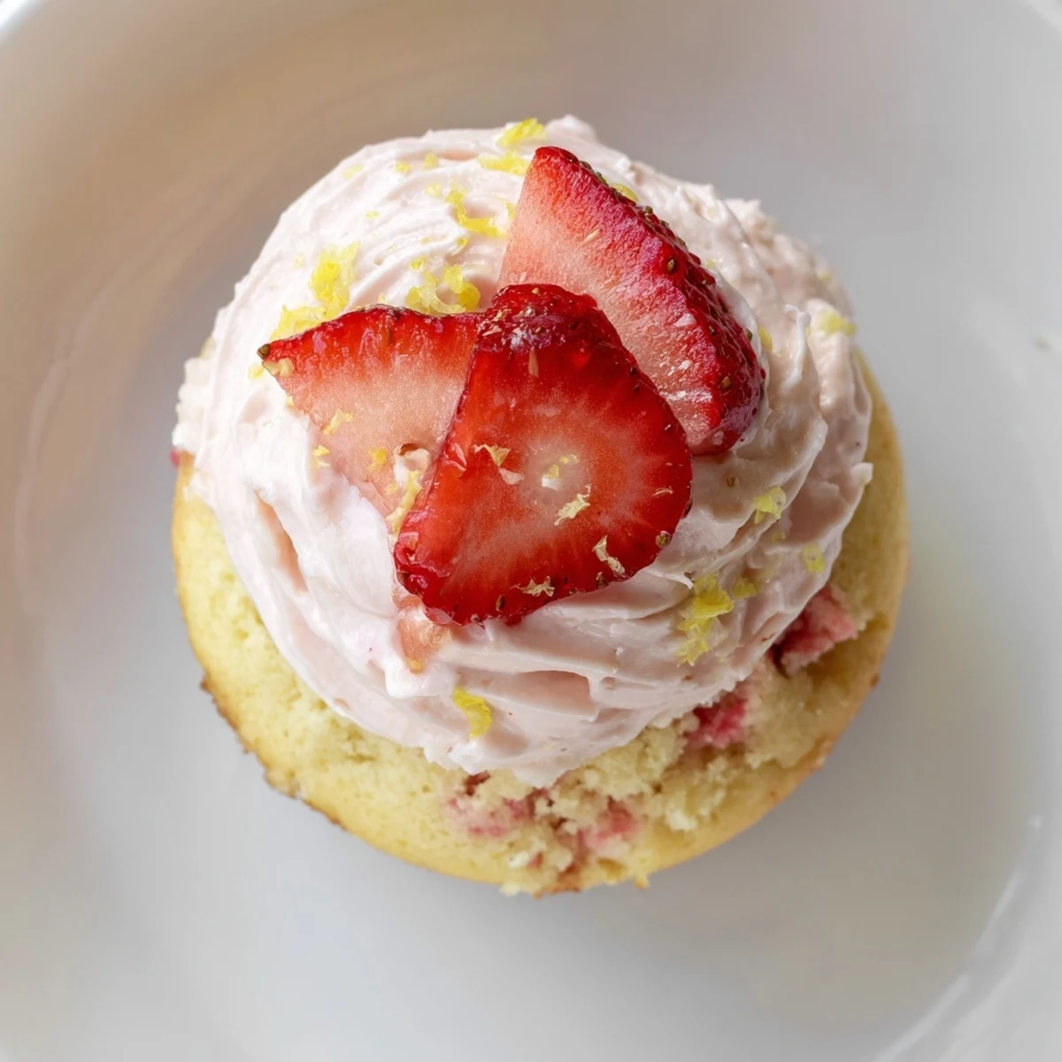 Light fluffy strawberry lemonade cupcakes with swirled creamy frosting and fresh lemon zest sprinkled on top