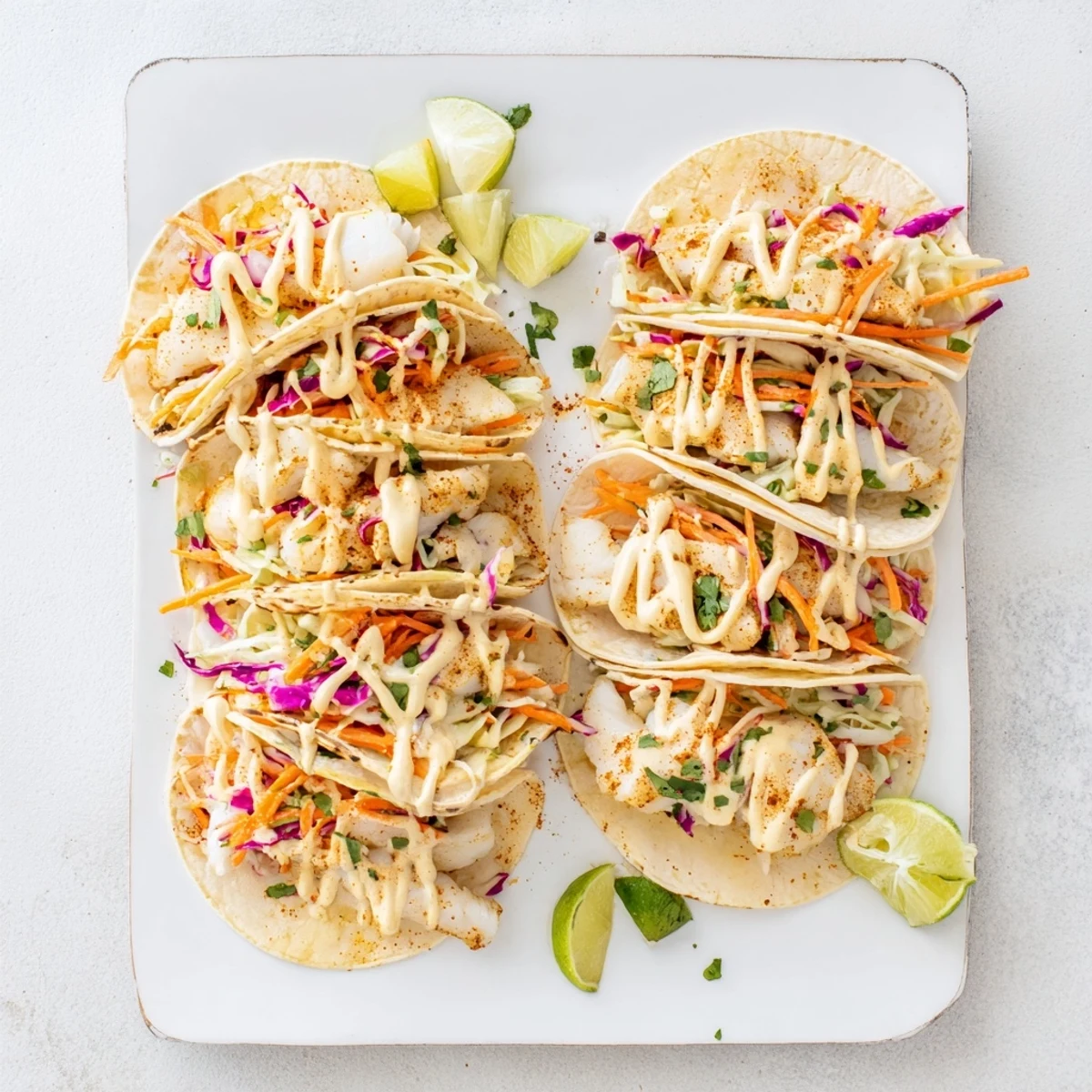 Baked cod fish tacos featuring flaky seasoned fish atop colorful cabbage slaw with creamy lime crema drizzle