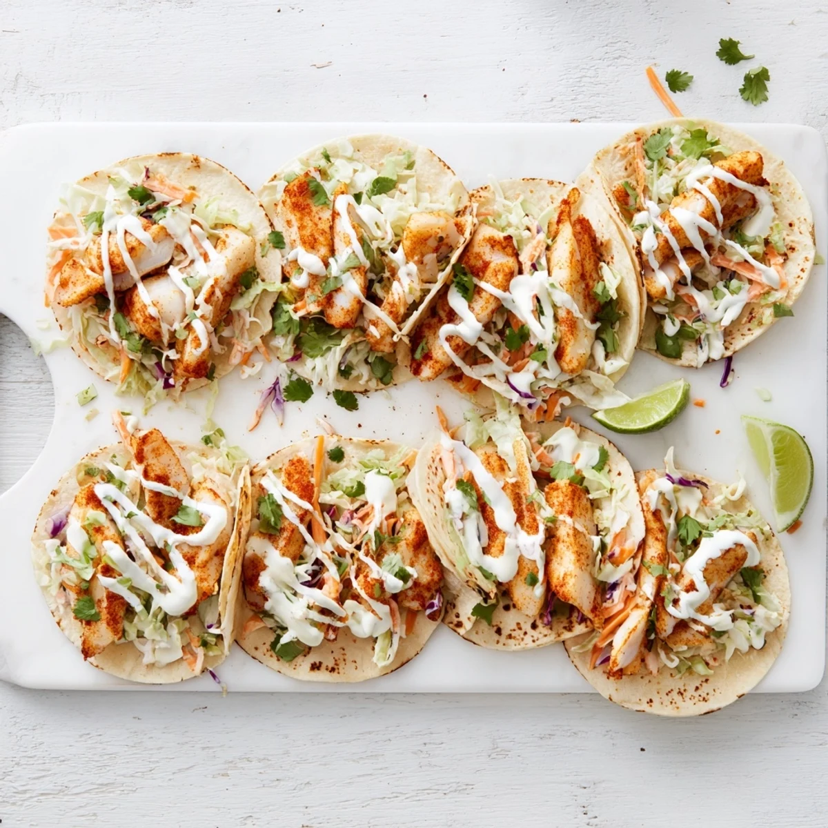 Golden baked cod fish tacos wrapped in warm tortillas garnished with fresh cilantro and zesty lime wedges