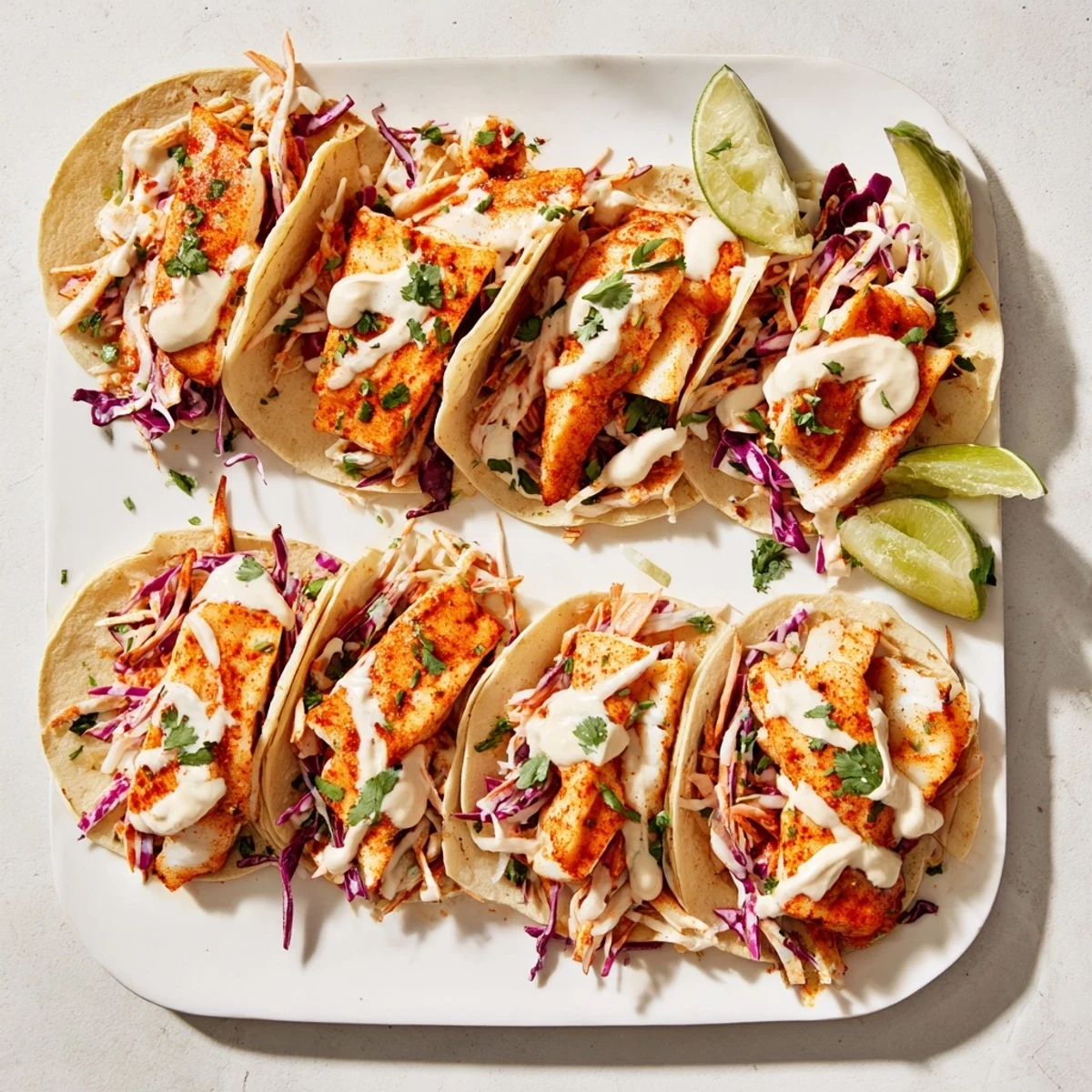 Plate of baked cod fish tacos piled high with crunchy slaw and tangy lime crema sauce topping