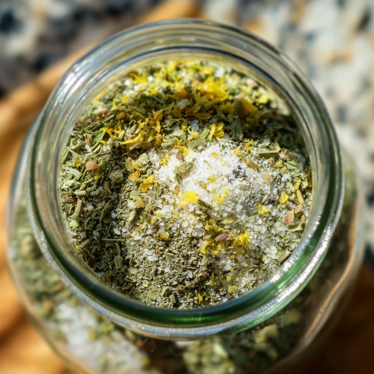 Green speckled dehydrated tzatziki seasoning mix sprinkled over Greek yogurt dip with fresh herbs