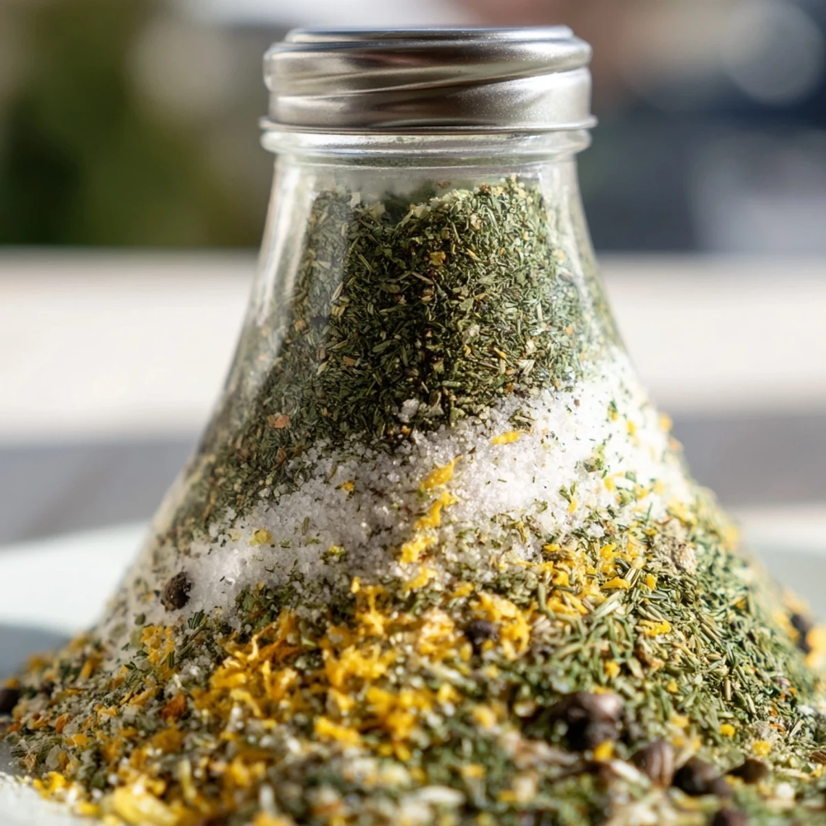 Homemade dehydrated tzatziki seasoning mix with dried dill, garlic, and aromatic herbs in glass jar