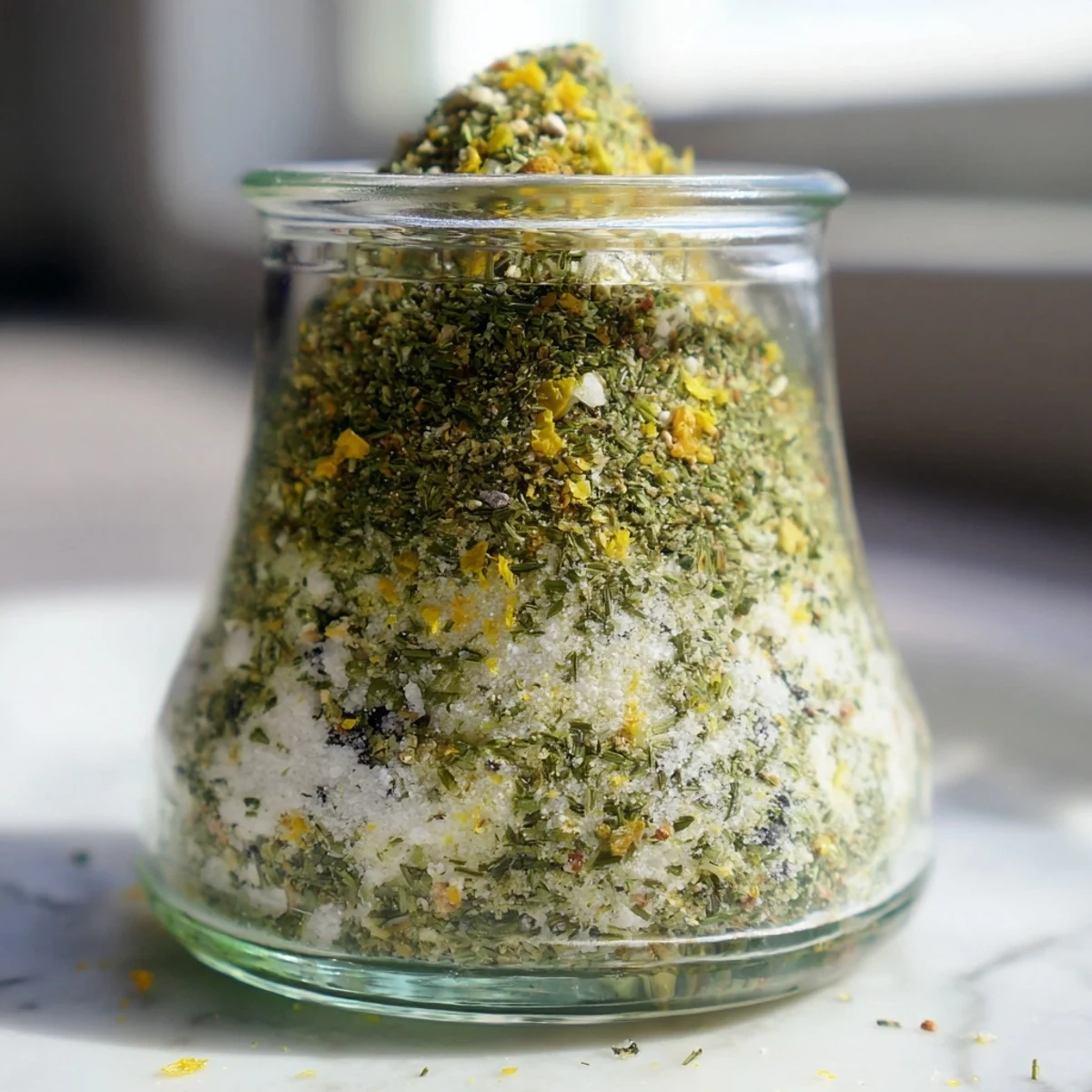 Close-up of DIY dehydrated tzatziki seasoning blend with dried parsley and mint ready for grilled meats