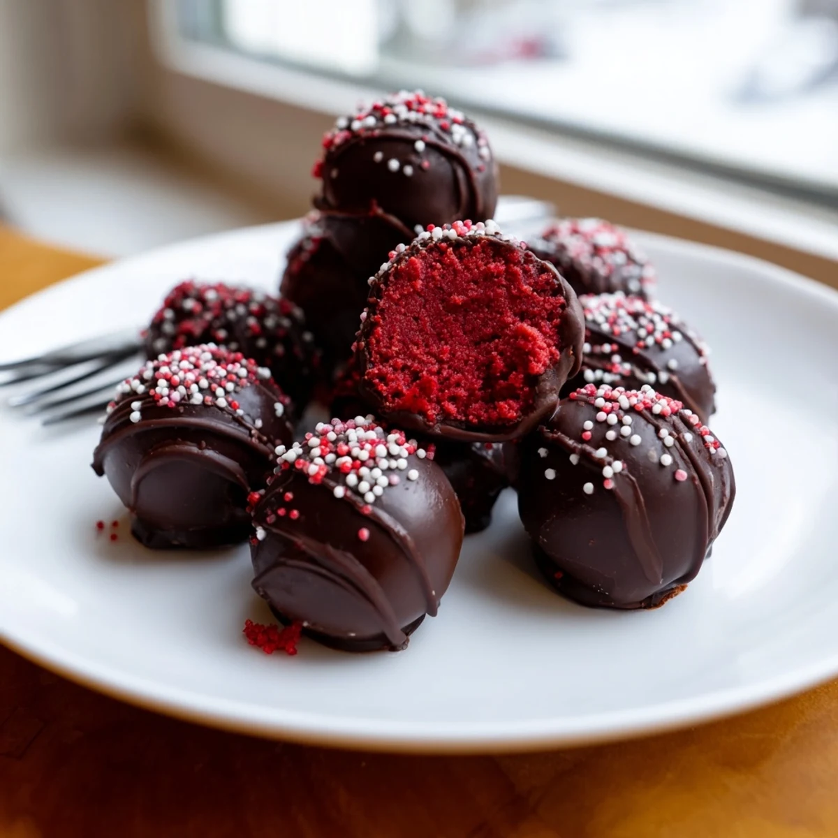 Homemade red velvet cheesecake balls on a decorative serving platter with smooth chocolate coating and festive red and white sprinkles