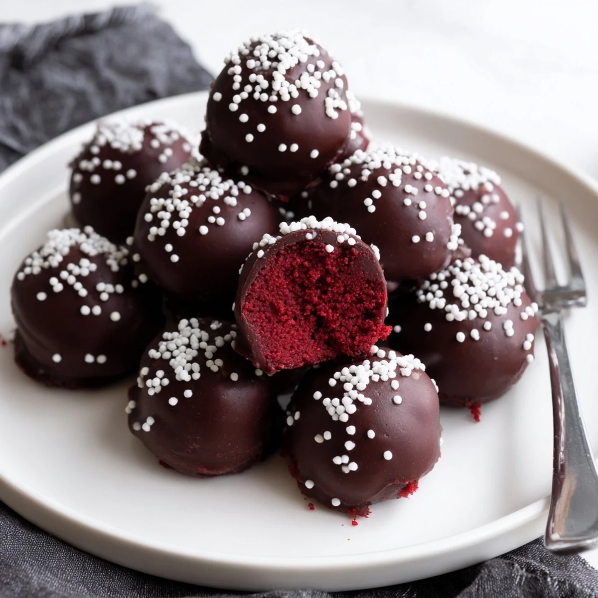 Bite-sized red velvet cheesecake balls coated in glossy dark chocolate with colorful sprinkles on a white plate