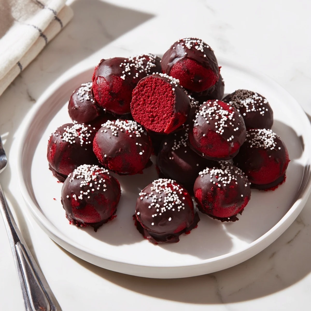 Decadent red velvet cheesecake balls featuring creamy centers dipped in melted white chocolate for an elegant party dessert