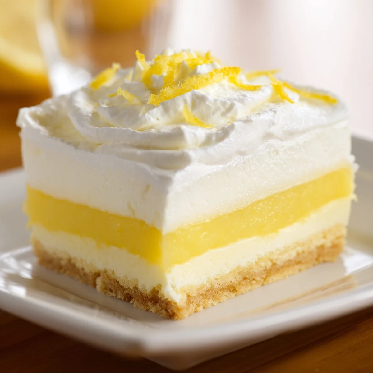 Lemon Lush Cake dessert with fluffy whipped topping and fresh lemon zest garnish on serving dish