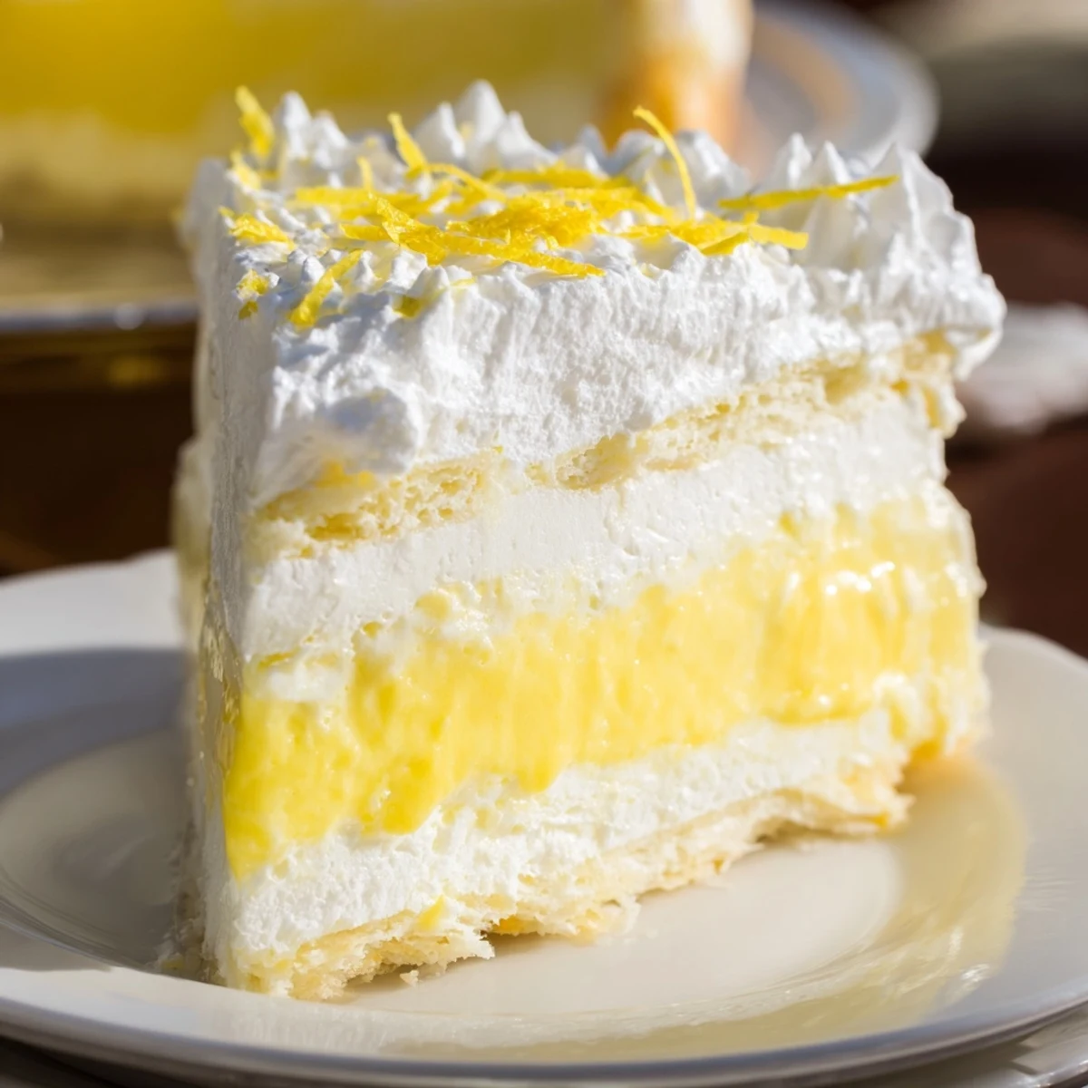 Golden square slice of Lemon Lush Cake revealing creamy white and yellow layers on a white plate